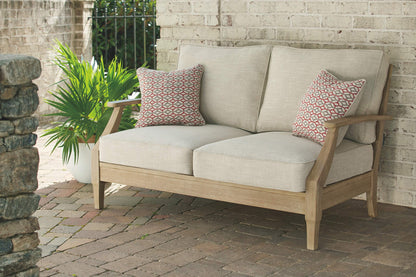 Signature Design by Ashley Clare View Coastal Outdoor Patio Eucalyptus Loveseat with Cushions, Beige - WoodArtSupply