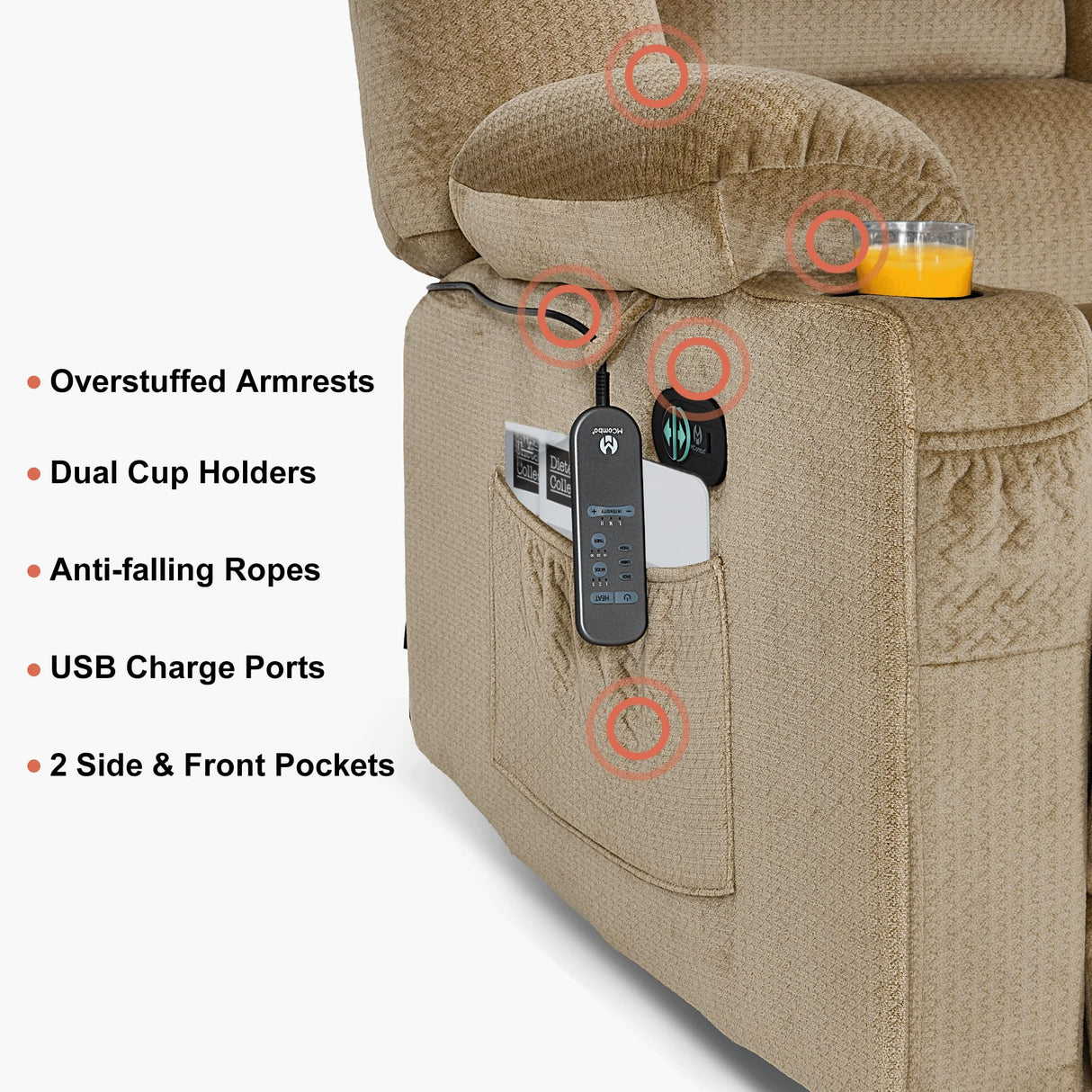 MCombo Zero Gravity Power Reclining Sofa with Heat and Vibration Massage, 3 Seater Reclining Couch with USB Ports, Cup Holders for Living Room, Fabric PR648SET (Beige) MCombo