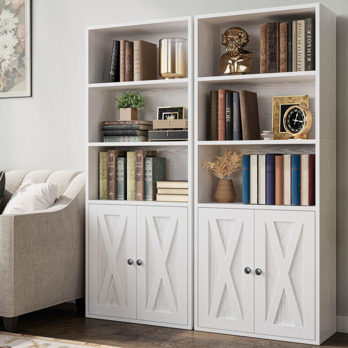 IRONCK Industrial Bookshelves and Bookcases with Doors 11.8 in Depth Set of 2 Floor Standing 5 Shelf Display Storage Shelves Bookcase Home Decor Furniture for Home, Office, Living Room, Bedroom IRONCK