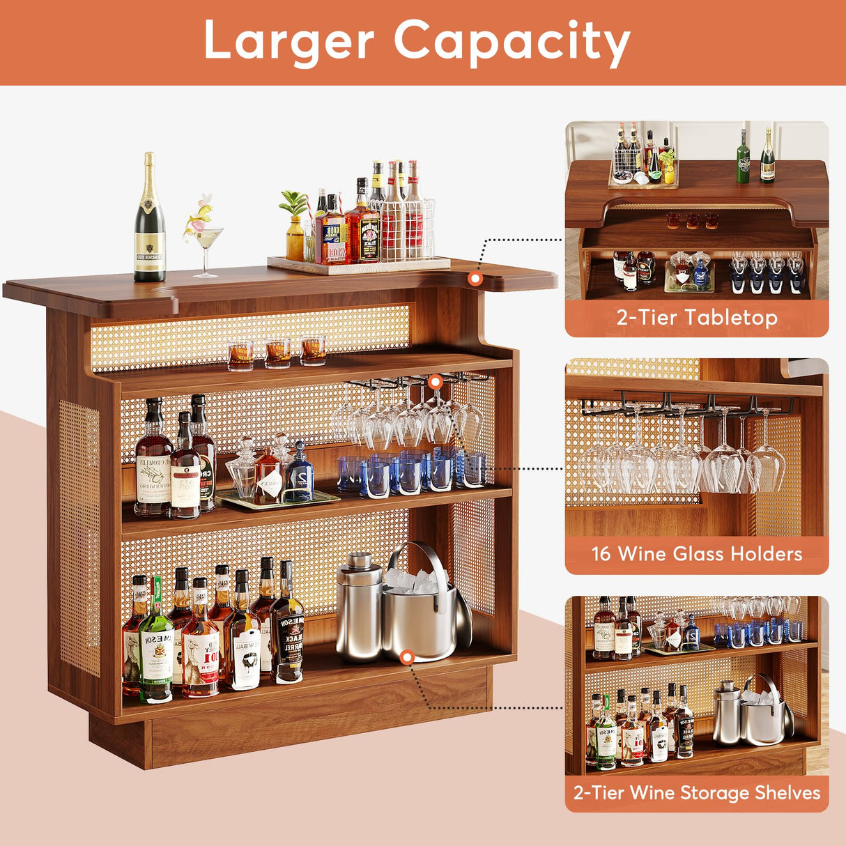 Tribesigns Caramel Brown Farmhouse Rattan Bar Cabinet with 4 Stemware Racks and Ample Storage Tribesigns