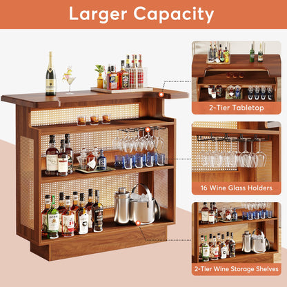 Tribesigns Caramel Brown Farmhouse Rattan Bar Cabinet with 4 Stemware Racks and Ample Storage