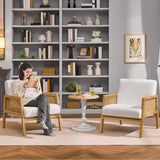 Yaheetech Boucle Fabric Accent Chair, Vintage Rattan Vanity Chair with Wood Armrest and Legs for Living Room Bedroom Makeup Room, Ivory 1 Yaheetech