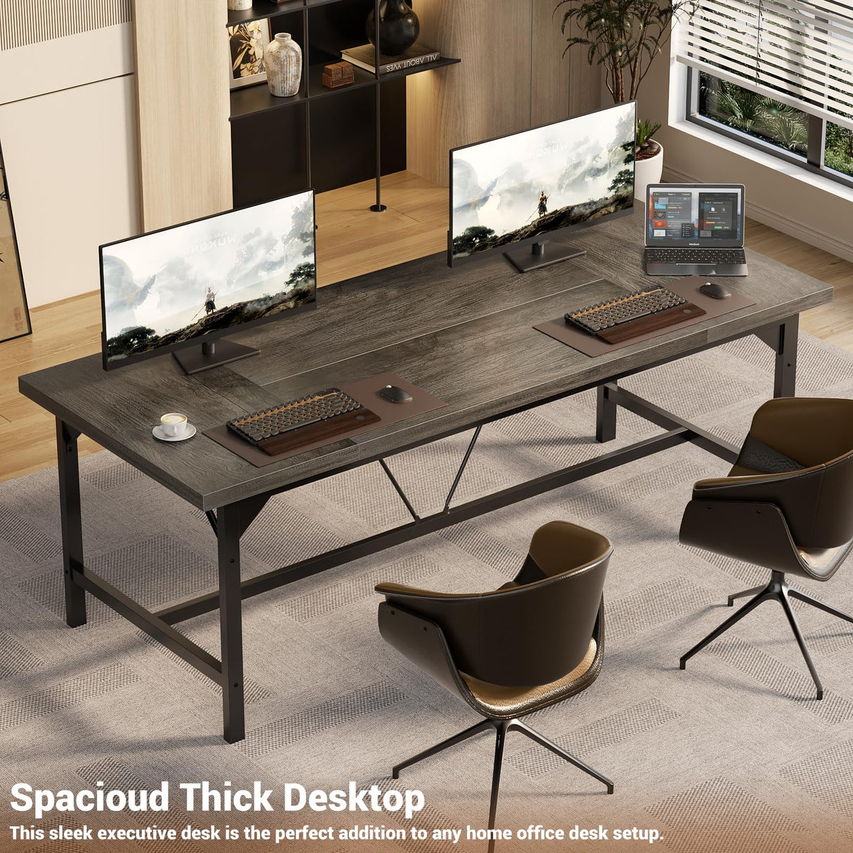 Unikito Large Computer Desk, 63 x 31.5 Inch Long Office Desk, Premium Sturdy 2 Person Desk, 1.4” Thick Study Writing Table, Modern Laptop Computer Table for Home Office Workstation, Black Oak Unikito