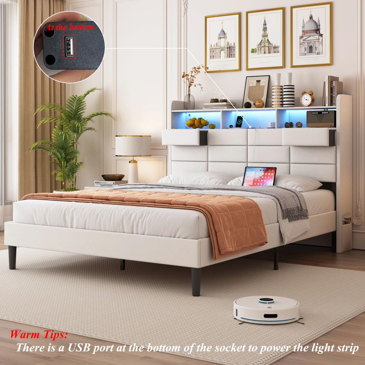 Etditrnp LED Bed Frame Full Size with Storage Headboard, 2 Hidden Drawers and Charging Station, Velvet Bed Frames with Led Lights, Wooden Slats Support, Easy Assembly, No Box Spring Needed, Beige Etditrnp