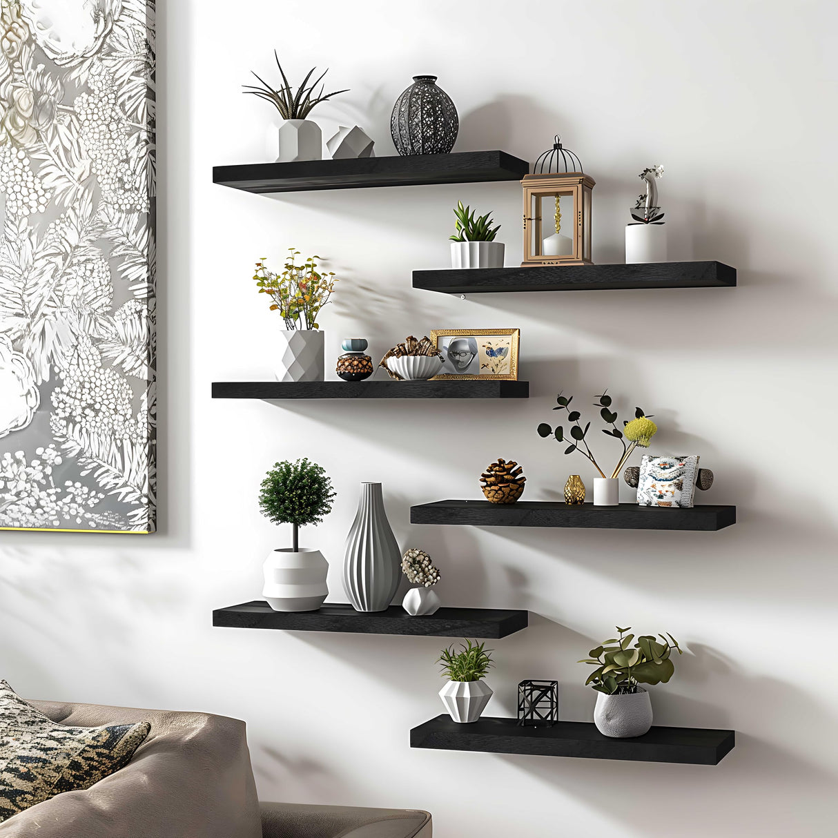 YFYEO Black Wood Floating Shelves for Wall Rustic Wall Shelf for Bedroom Living Room Set of 4 YFYEO