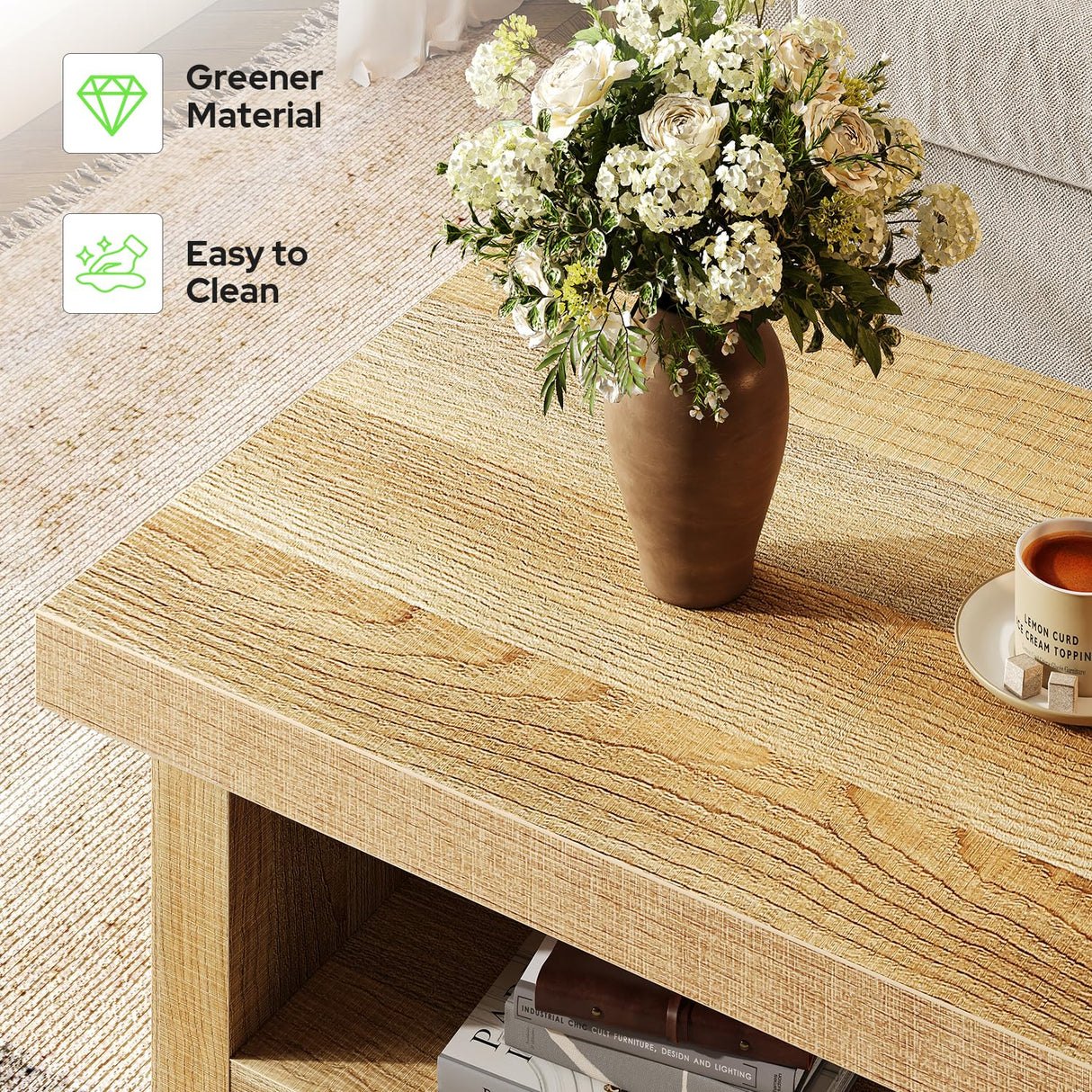 knoworld 47-Inch Rectangle Coffee Table, Wood Rectangular Center Tables, Farmhouse Low Cocktail Tea Table for Living Room, Thick Base/Easy Assembly, Natural knoworld