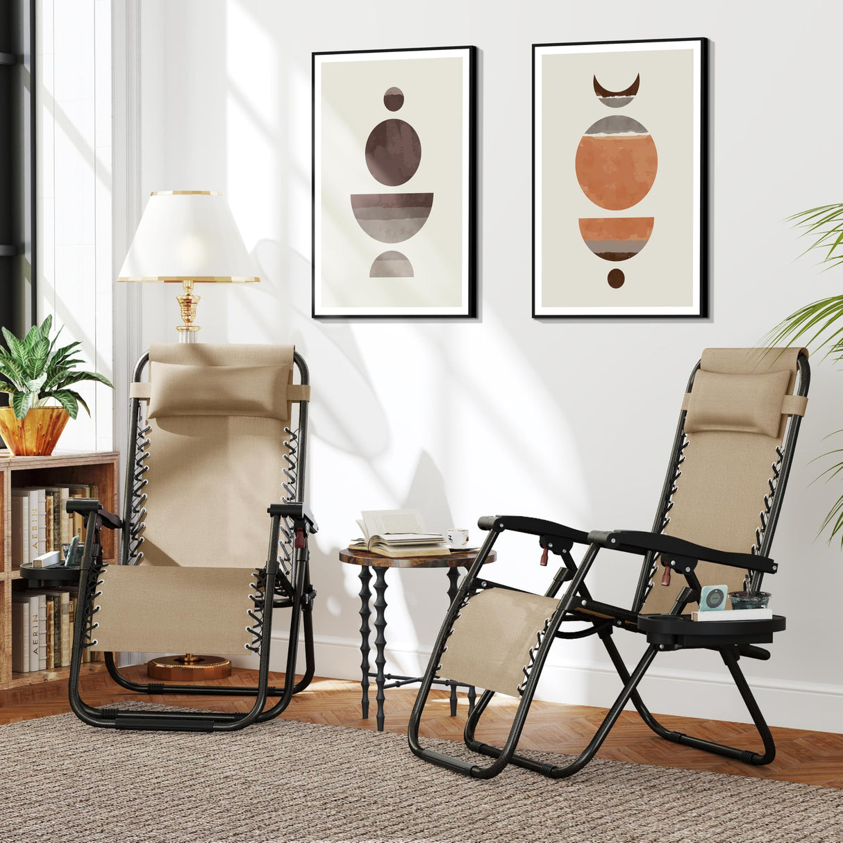 Yaheetech Zero Gravity Recliners Outdoor Adjustable Folding Reclining Lounge Chairs w/Pillows, Cup Holder Trays and Carry Strap for Patio Backyard Beach Beige Set of 2 Yaheetech