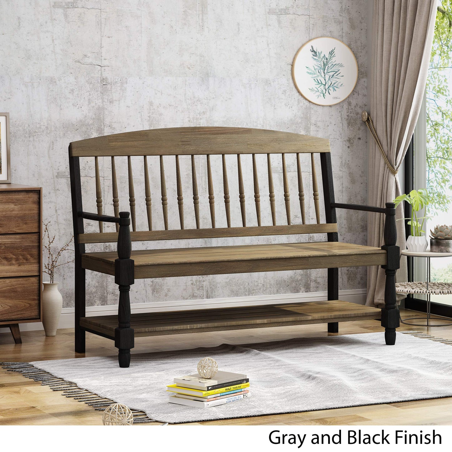 Christopher Knight Home Eddie Indoor Farmhouse Acacia Wood Bench with Shelf, Gray and Black Finish - WoodArtSupply