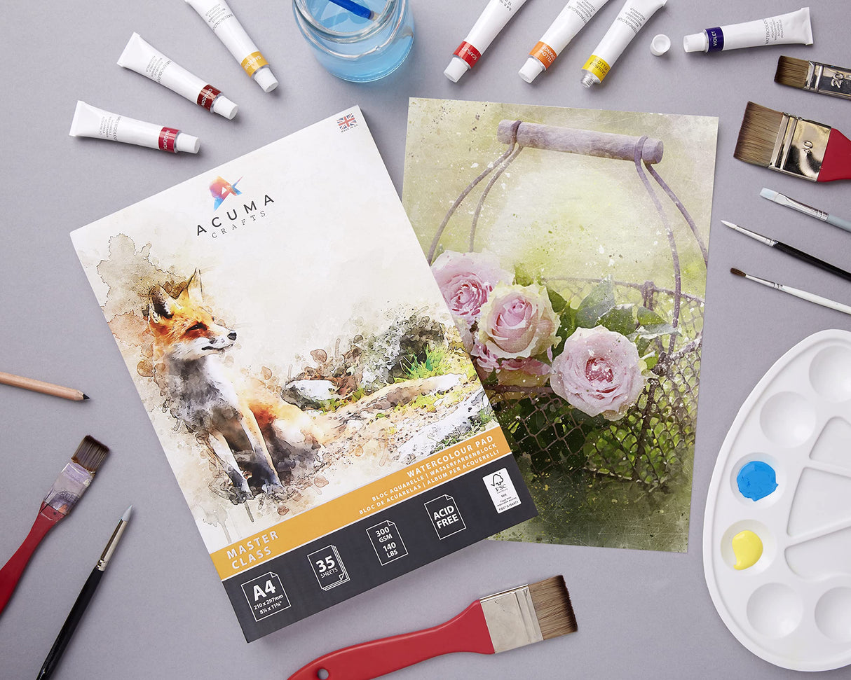 Watercolor Paper Artist Art Pad 35 Sheets, 140lb/300 GSM, Glue Bound, Acid Free, Cold Pressed for Artists Drawing and Sketching Techniques, Made in UK Acuma Crafts