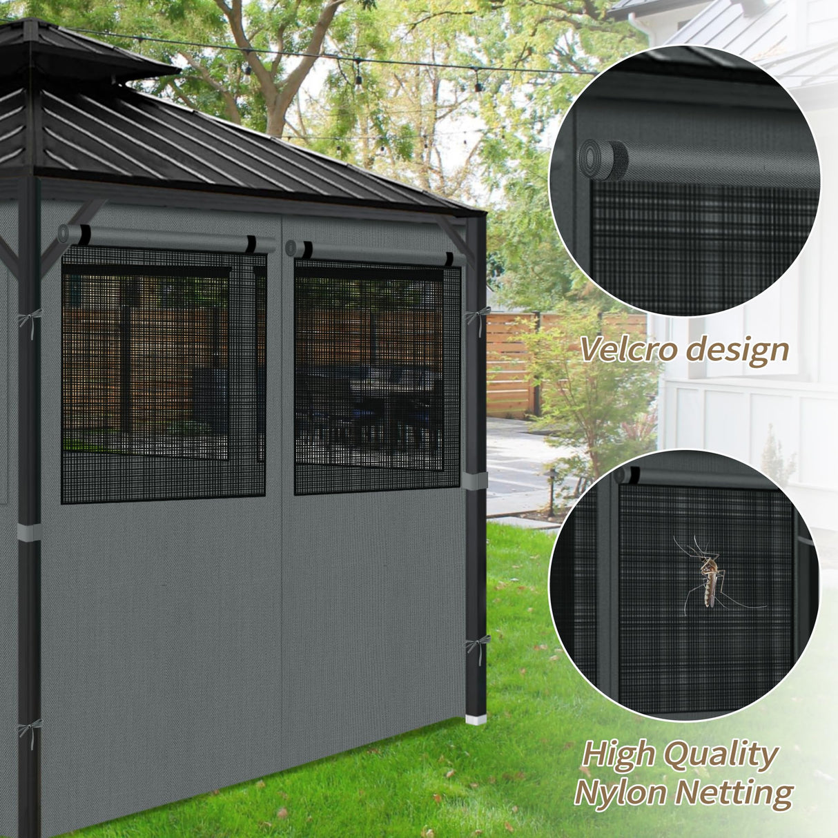 aonear Gazebo Privacy Curtains 10' x 10' with Mosquito Windows, 4-Panels Side Wall with Zipper Universal Replacement for Patio, Outdoor Canopy, Garden and Backyard, Gray (Curtain Only) aonear