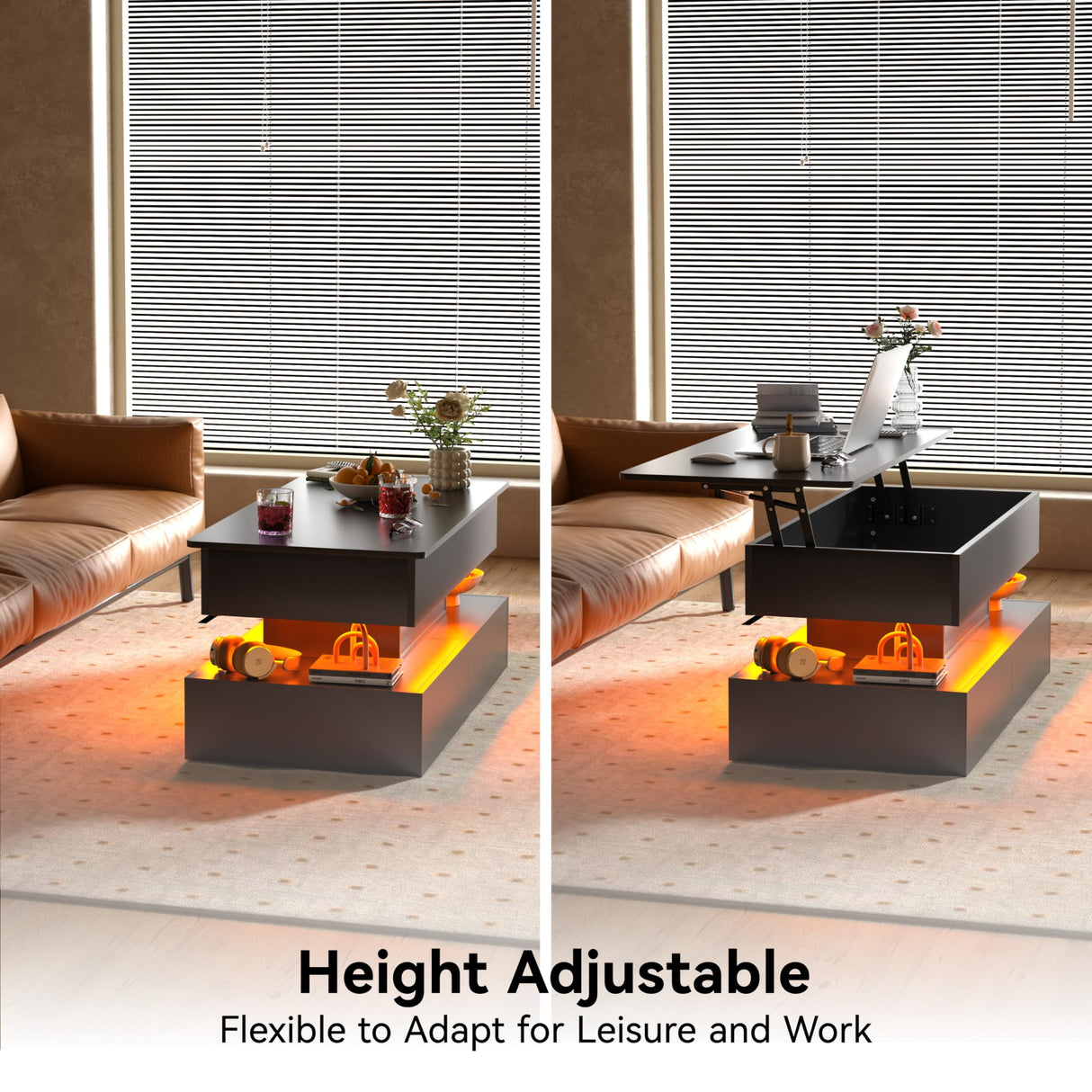 Oransail 40" Lift Top Coffee Table with 3 Fabric Storage Drawers and Hidden Compartmen, LED Coffee Table, Farmhouse Coffee Tables for Living Room, Dining Room Oransail