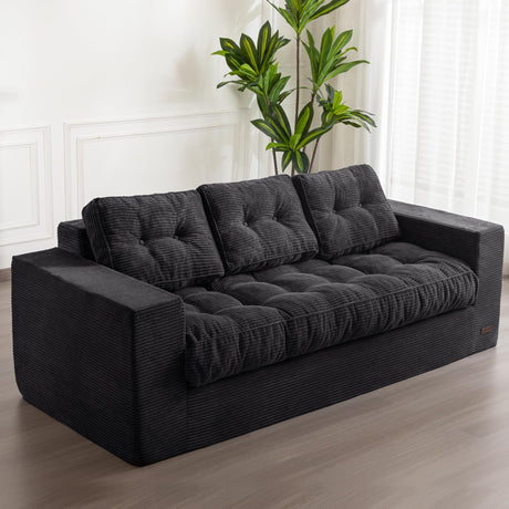 MAXYOYO 3 Seater Couch for Living Room, Boneless Couch with Tufted Cushion & Backrest, Upholstered Floor Sofa, Sofa in A Box, Black MAXYOYO