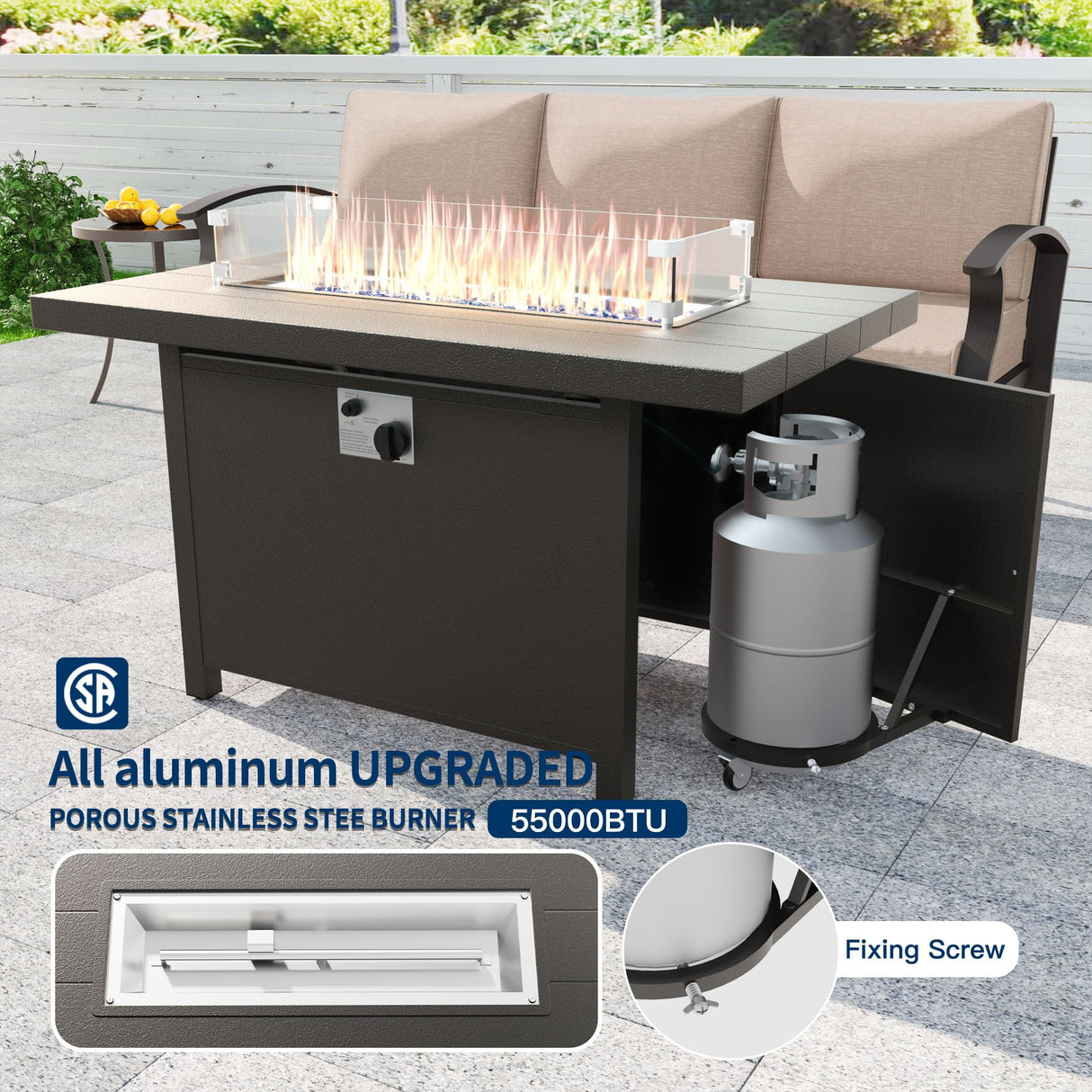 Kullavik Aluminum Patio Furniture Set,8 Pieces 10 Seat Metal Outdoor Furniture Conversation Set w/45 Propane Gas Fire Pit&Swivels,Sand Kullavik