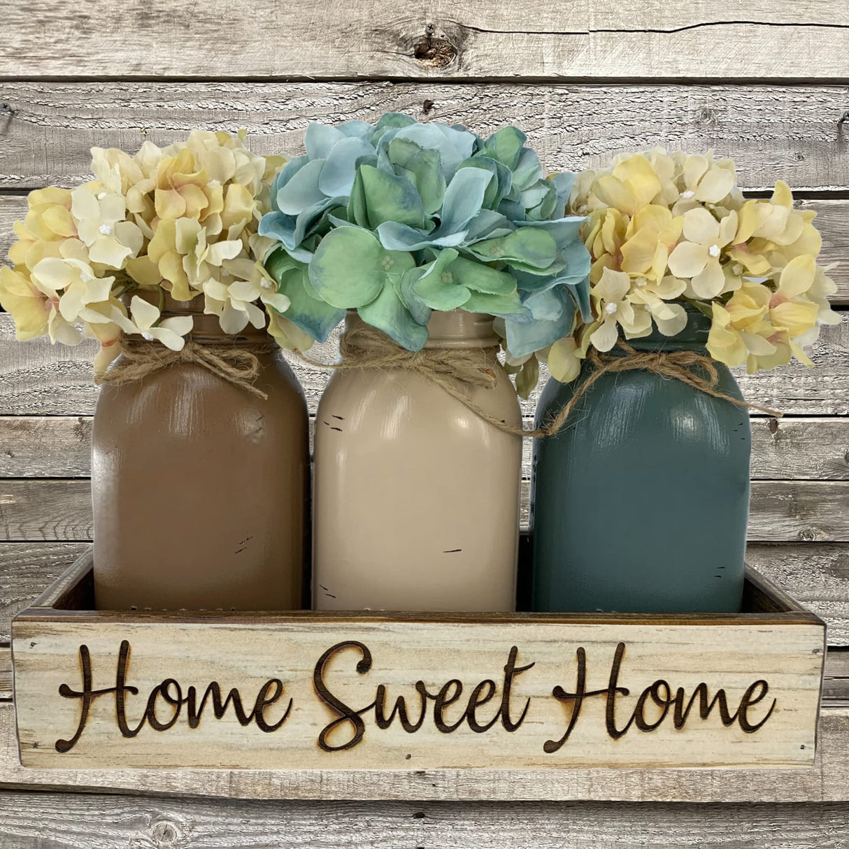 Personalized Name Established Date CUSTOM Tray ENGRAVED Wood Mason Canning Pint Quart JARS & Florals Optional Centerpiece Kitchen Table Decor Distressed Rustic Housewarming Wedding Anniversary Decor Wooden Hearts Inc