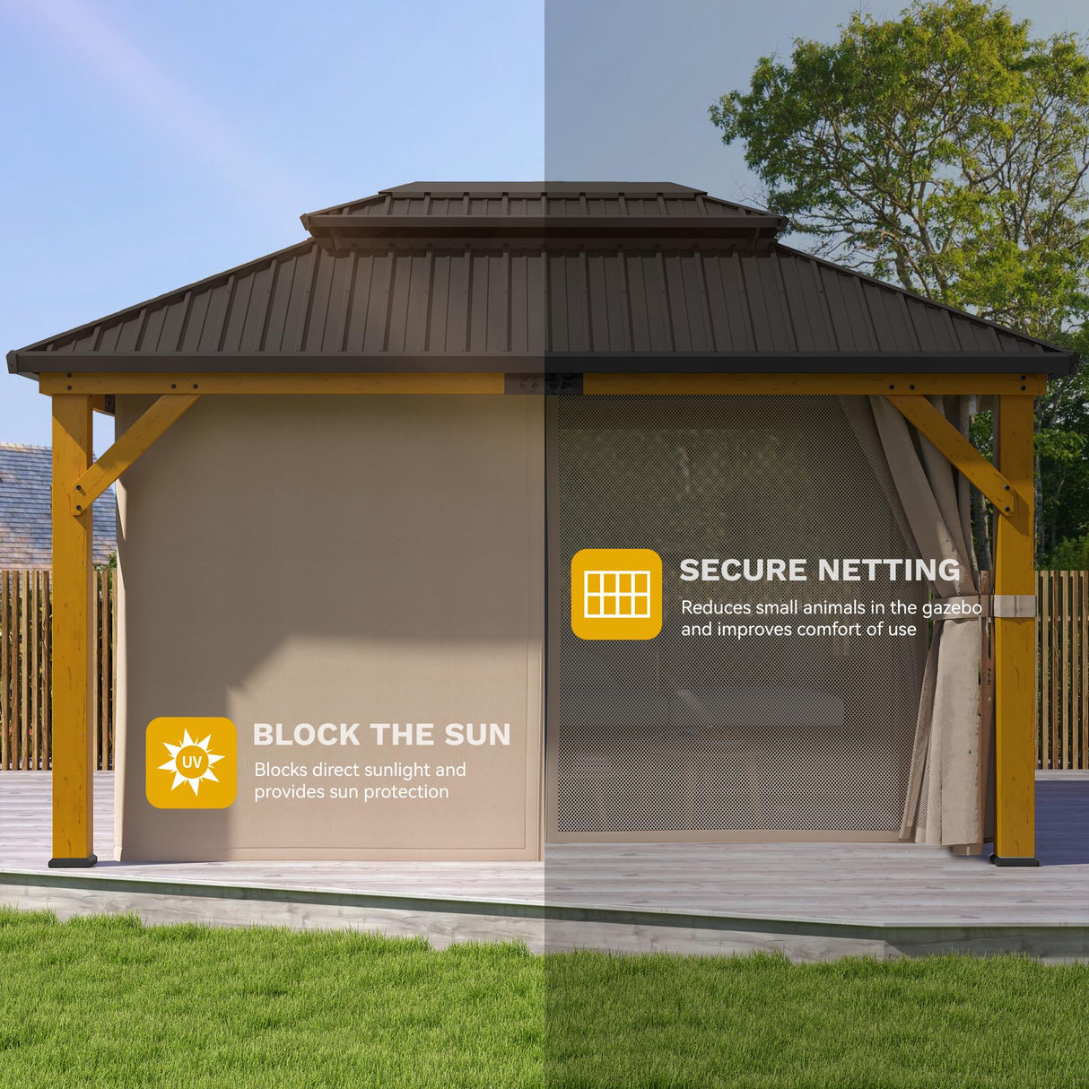 DWVO 13X15FT Gazebo Wood Outdoor Wooden Frame Double Roof Hardtop Galvanized Steel Top Canopy w/Curtain and Netting, Patio Heavy Duty for Deck, Backyard, Beige Yellow DWVO