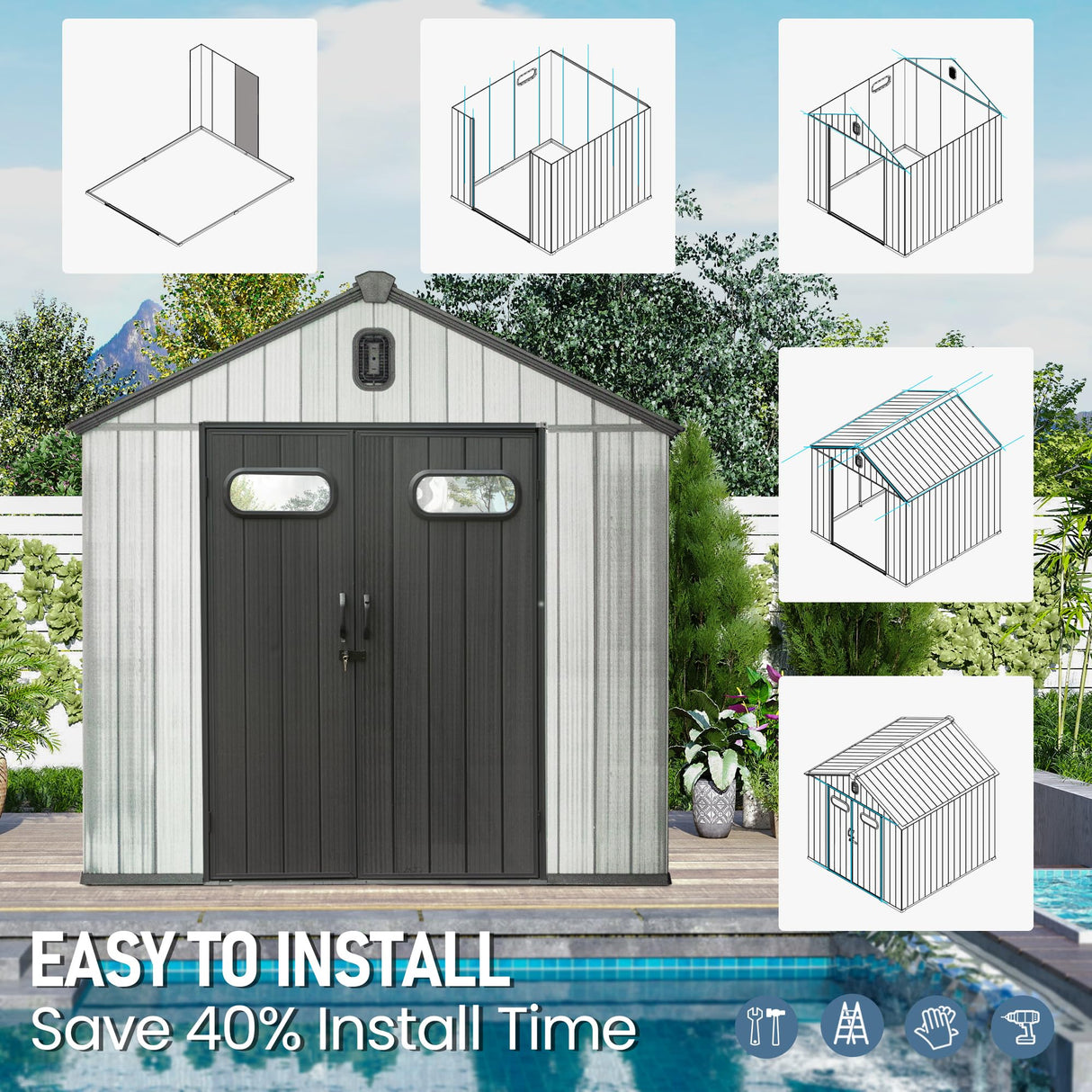 Domi 8x8 FT Outdoor Resin Storage Shed, All-Weather Double-Wall Storage Building for Backyard, Garden, Lawn Tools, Mower, Bike & Pool Equipment, Lockable Doors, Ventilated Roof, Grey domi outdoor living
