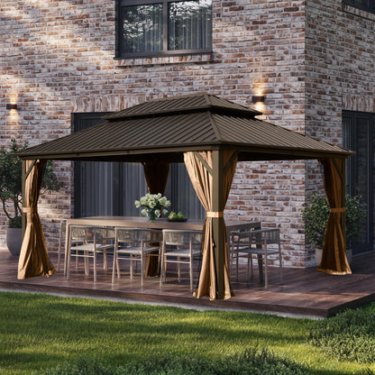 Domi 10' X 14' Hardtop Gazebo, Aluminum Metal Gazebo with Galvanized Steel Double Roof Canopy, Curtain and Netting, Permanent Gazebo Pavilion for Party, Wedding, Outdoor Dining, Brown - WoodArtSupply