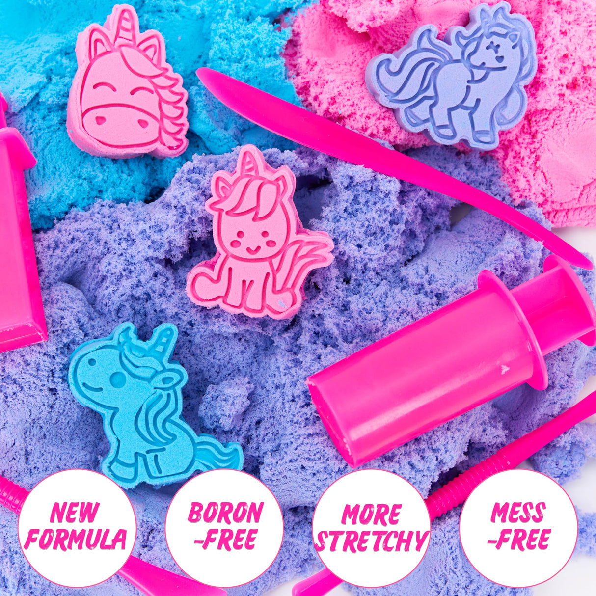 Carolart Unicorn Stretchy Cloud Sand,Blue & Pink Play Sand,Treasure Chest with Sensory Sand,Stretchable,Moldable,Expandable Cloud Slime,Tactile Fun Sensory Kit, Sensory Toys for Kids Ages 3+ Carolart