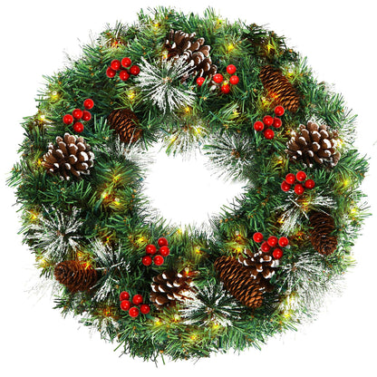 Christmas Wreath,Pre-Lit Artificial Christmas Wreaths for Front Door with Pine Cones,Berries,Christmas Wreath with Lights,8 Modes 50 LED Lights for Outdoor Indoor Decorations-18 in