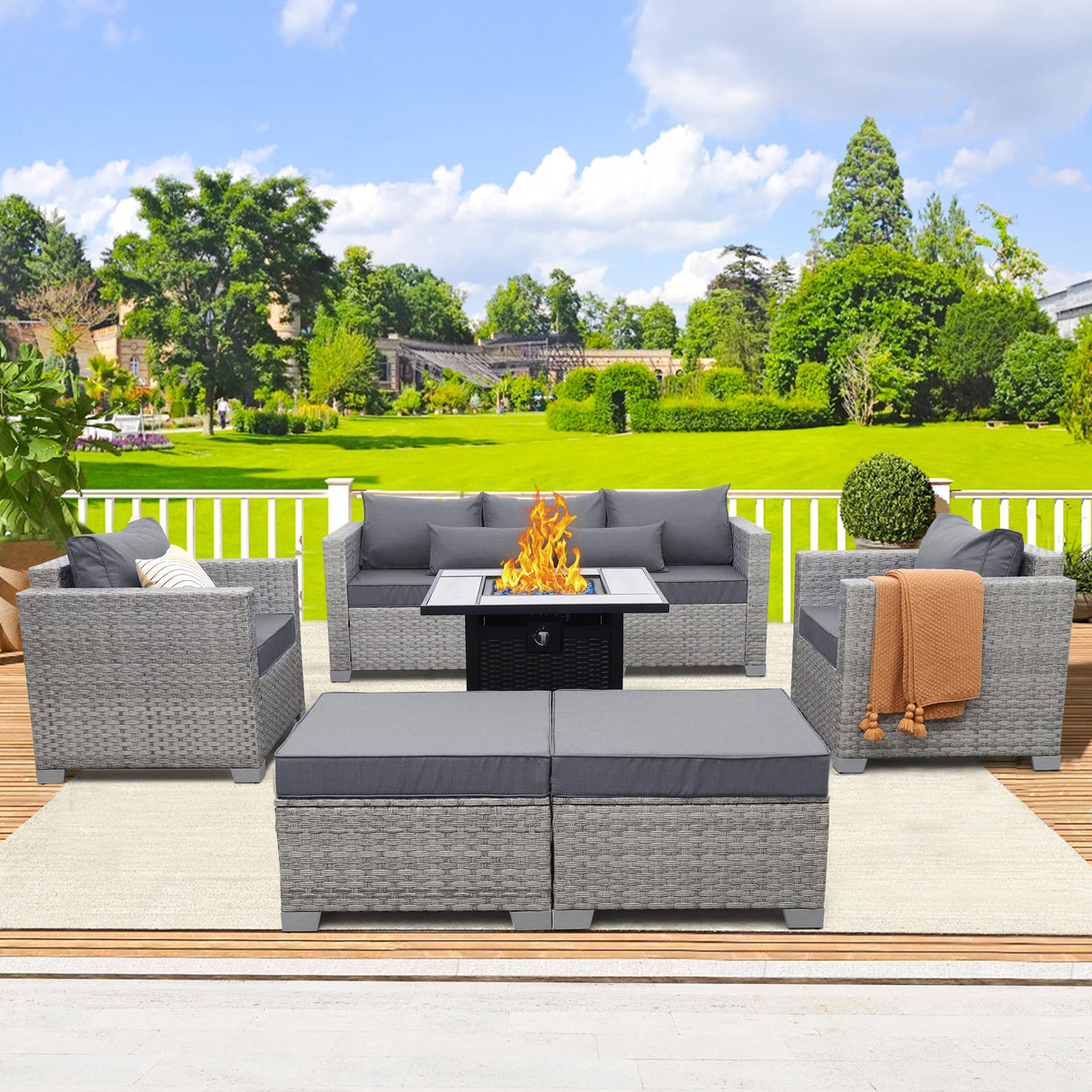 WAROOM Patio Furniture Set 6 Piece Outdoor Patio Set Grey Wicker Balcony Furniture Conversation Sets PE Rattan Couch Sofa with Fire Pit Table, Grey Cushion WAROOM