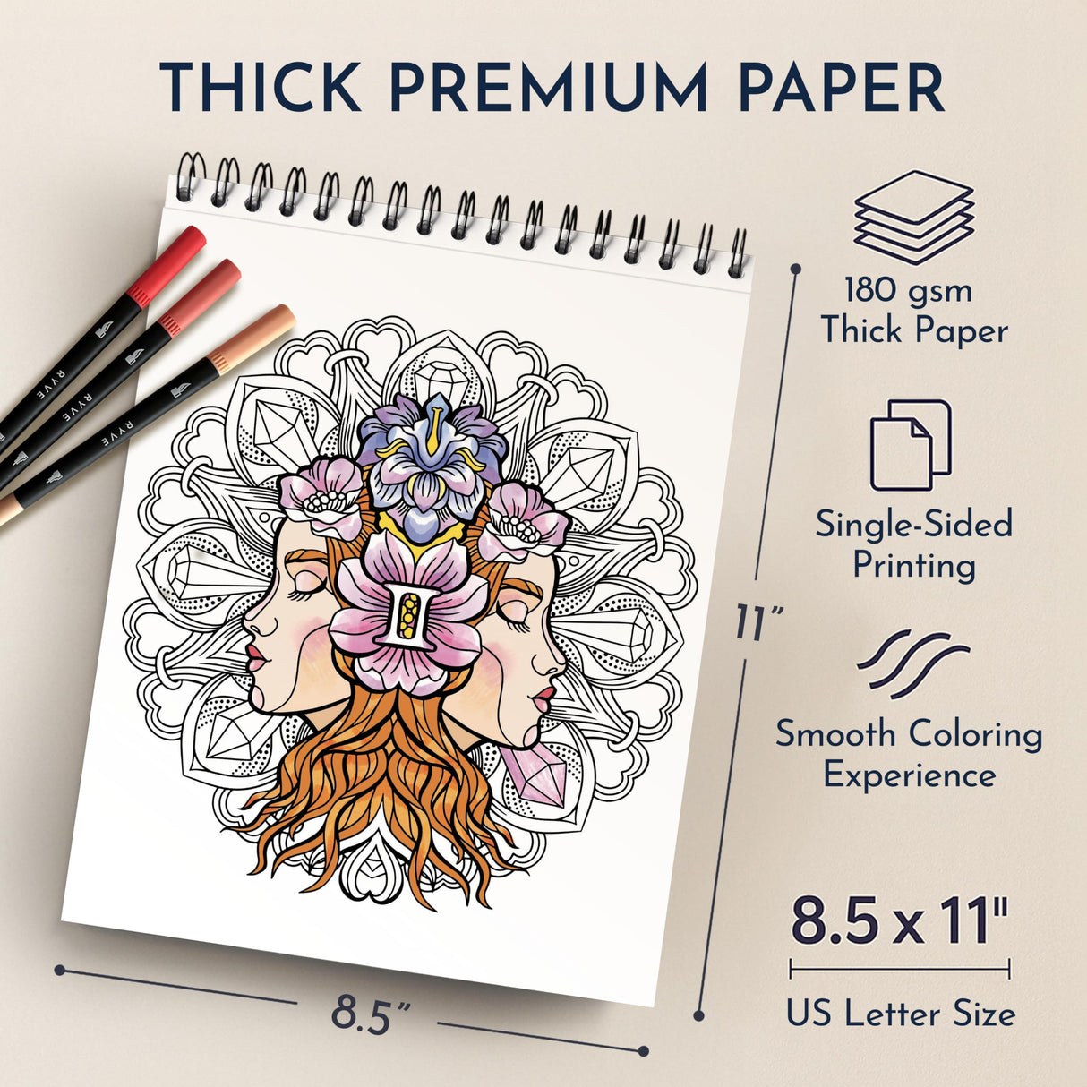 RYVE Mandala Coloring Book for Adults – 50 Unique Designs, Spiral Bound, Stress Relief & Relaxation Mindfulness Art Therapy | No-Bleed Paper | Easy-to-Tear Pages for Framing RYVE