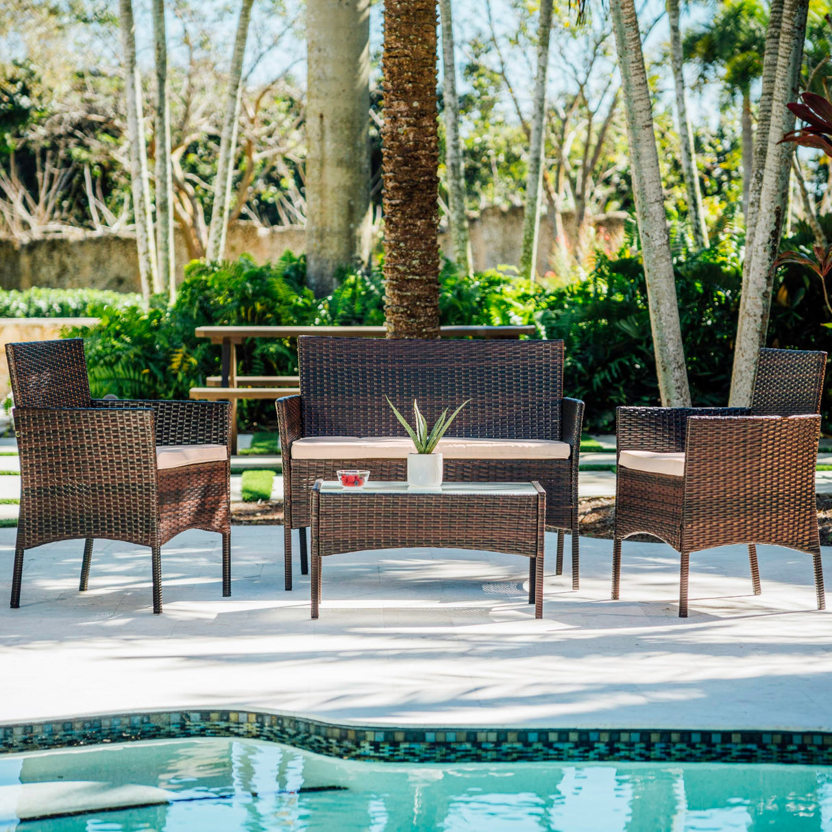 Nestl Wicker Patio Furniture - 4 Piece Set with 2 Chairs, Loveseat, Glass Top Coffee Table, Outdoor Furniture for Backyard, Pool or Porch (Brown/Beige) Nestl