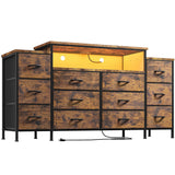 EnHomee 55" W Dresser for Bedroom with LED Lights & Charging Station 12 Drawer Dressers & Chests of Drawers Dresser TV Stand for Bedroom for Hanging 65" TV, Metal Frame & Fabric Drawers, Rustic Brown EnHomee