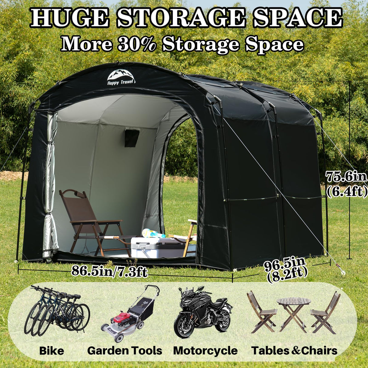 Happy Travel Bike Storage Tent, Outdoor 8×7×6.3ft Large 2-in-1 Portable Shed More 30% Top Space W/Double Doors with Mesh, Outside Lawn Mower Shelter and Bicycle Cover for Patio Furniture, Garden Tools HAPPY TRAVEL