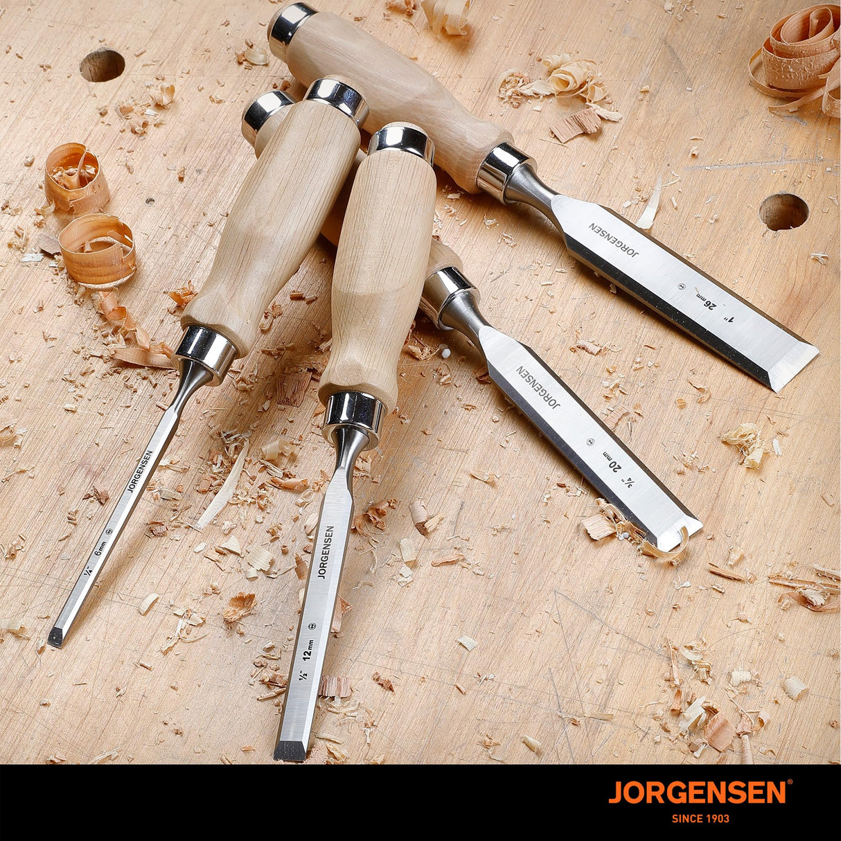 Jorgensen 4-Piece Wood Chisel Set, Chromium Alloy Steel Beveled Edge Wood Chisels, Wood Chisels for Woodworking, Ergonomic Hardwood Handle with Metal Ferrule, 1/4", 1/2", 3/4", 1" Jorgensen