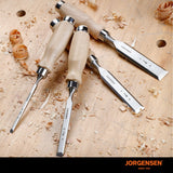Jorgensen 4-Piece Wood Chisel Set, Chromium Alloy Steel Beveled Edge Wood Chisels, Wood Chisels for Woodworking, Ergonomic Hardwood Handle with Metal Ferrule, 1/4", 1/2", 3/4", 1" Jorgensen