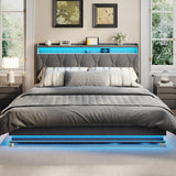 Fameill King Size Lift Up Storage Bed Frame, Storage Headboard with Charging Station, LED Lights Upholstered Platform Bed, No Box Spring Needed, Noise-Free, Dark Grey Fameill