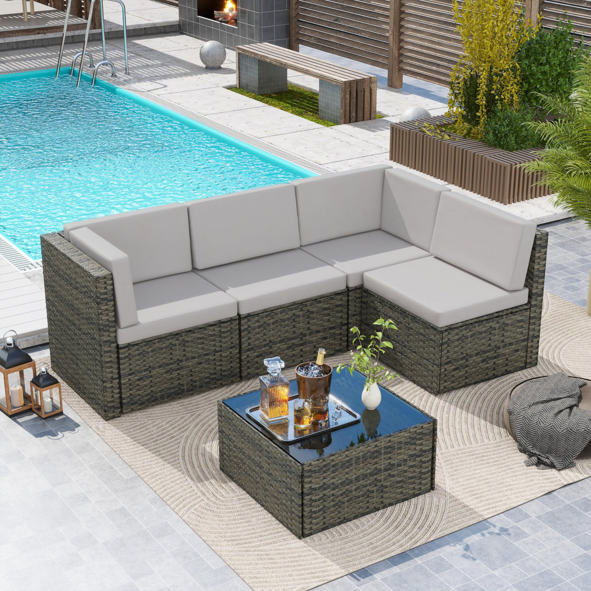 UIXE Outdoor Patio Furniture Sets with Propane Fire Pit Table, 10 Pieces Wicker Patio Sectional Sofa Lounge Couch Seating PE Rattan Conversation Set Includes 45" Gas Fire Table, Light Gray UIXE