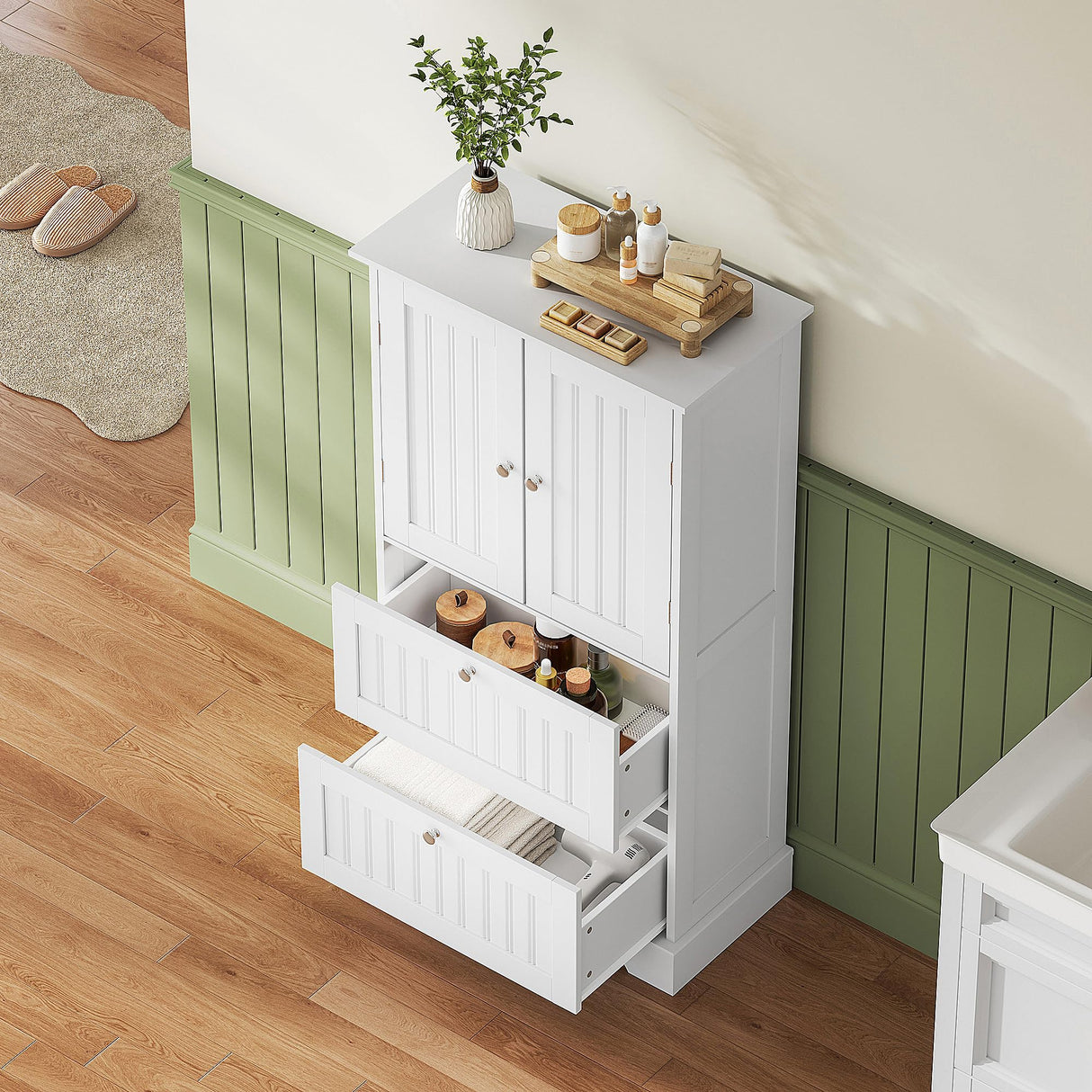 Treocho Bathroom Floor Cabinet, White Bathroom Storage Cabinet with Drawers and Adjustable Shelf, Freestanding Kitchen Pantry Cupboard with 2 Doors for Living Room Treocho