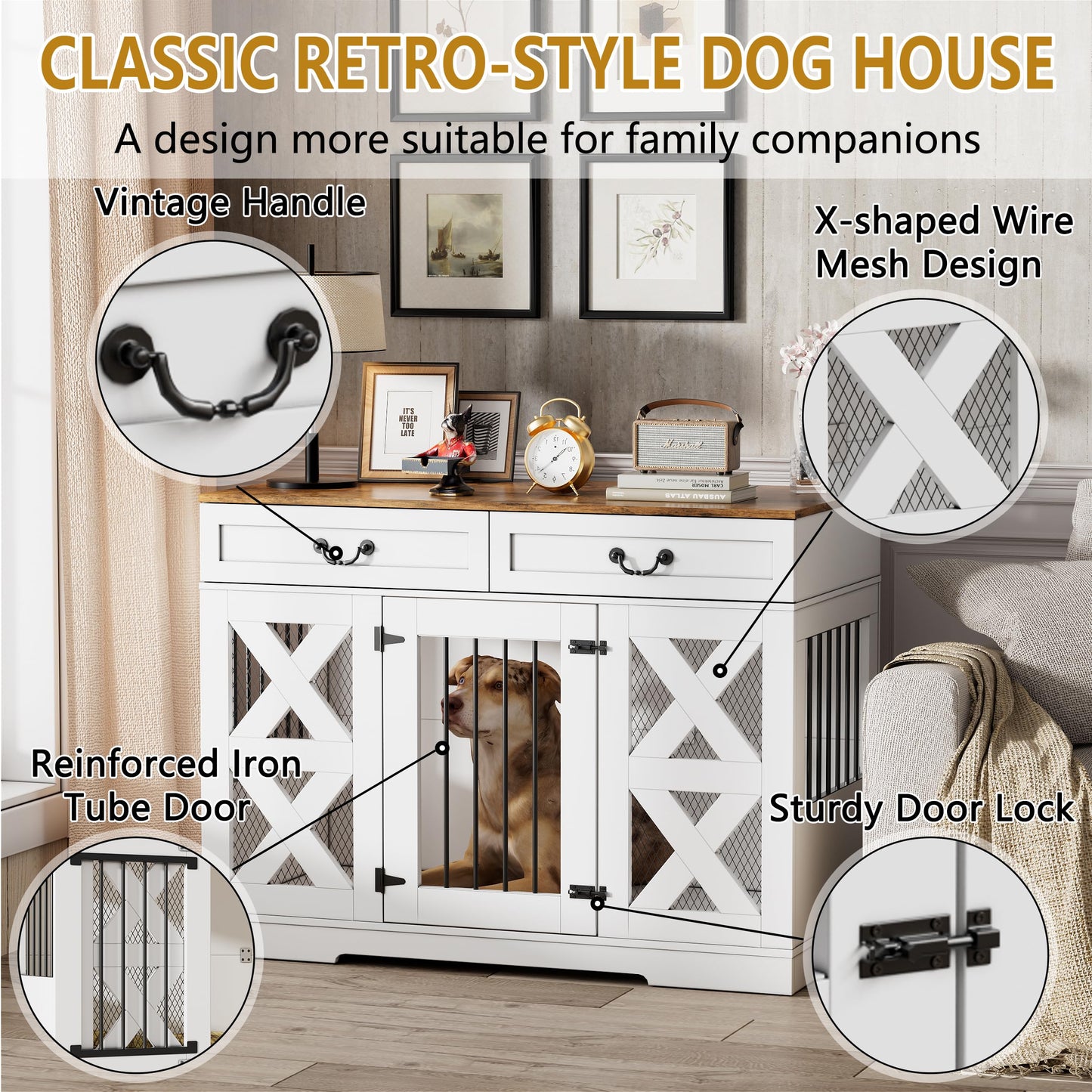 WJFORLION Large Dog Crate Furniture - Dog Kennel with Drawers Storage and Locks, 2-in-1 Crates for Dogs Indoor, Heavy Duty Dog Crate for One Large or 2 Small Dogs