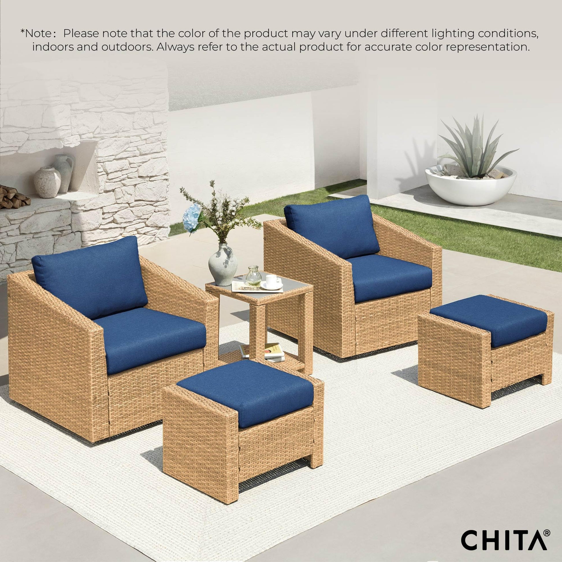 CHITA 5 Pieces Wicker Patio Furniture Set, Outdoor Conversation Set with 2 Pieces Rattan Swivel Chairs, 2 Pieces Ottomans, Thickened Cushions and Side Table, Blue Cushions with Brown Wicker - WoodArtSupply