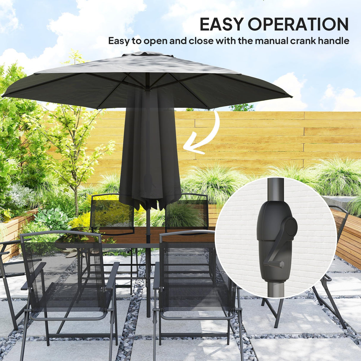Outsunny 8 Piece Patio Dining Set with Table Umbrella, 6 Folding Chairs and Rectangle Dining Table, Outdoor Patio Furniture Set, Black Outsunny