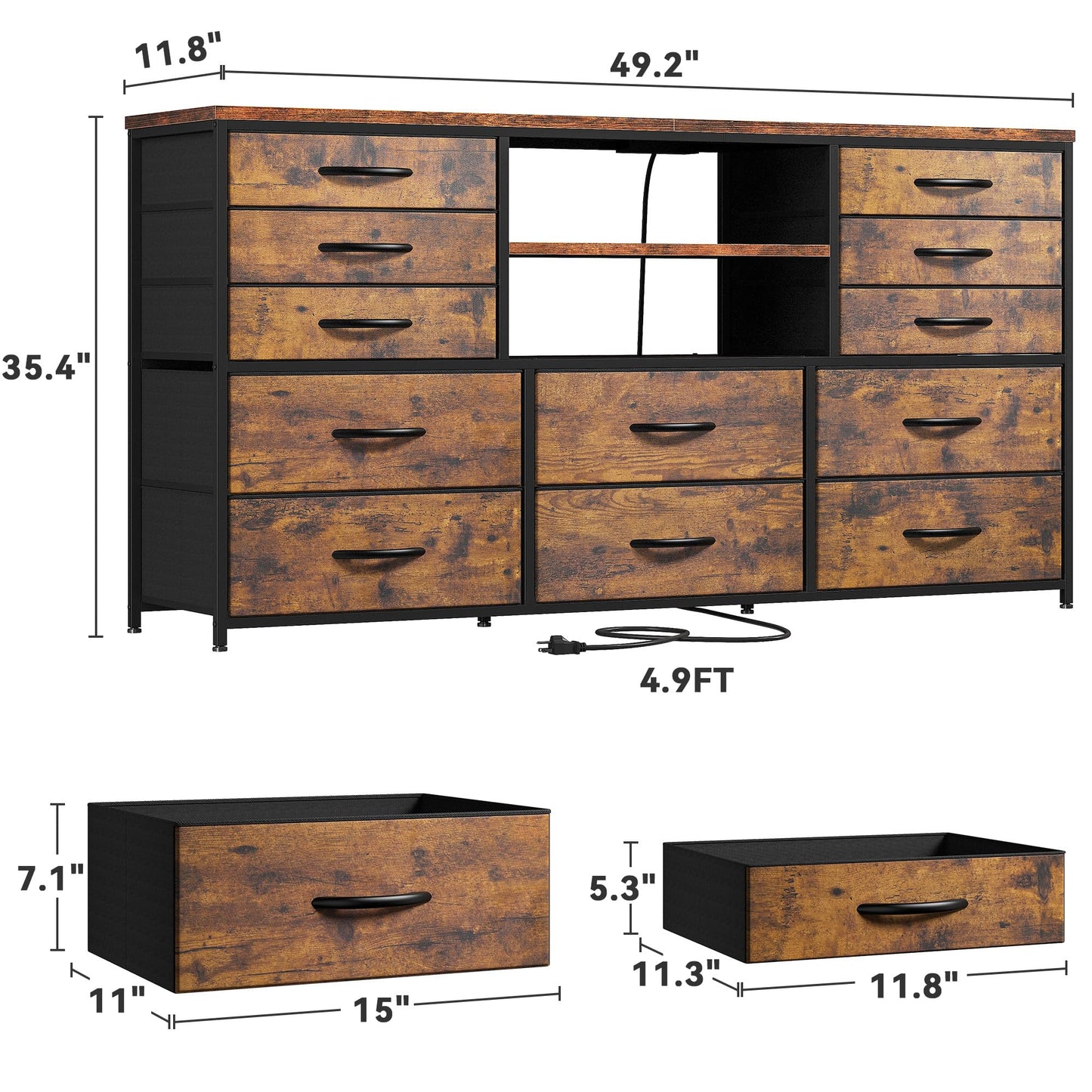 EnHomee Dresser TV Stand for 60''TV Stand for Living Room with Power Outlet & LED Lights Entertainment Center with 12 Fabric Drawer Long Dresser TV Stand for Bedroom Dresser, 49.2"W x 35.4"H  - WoodArtSupply