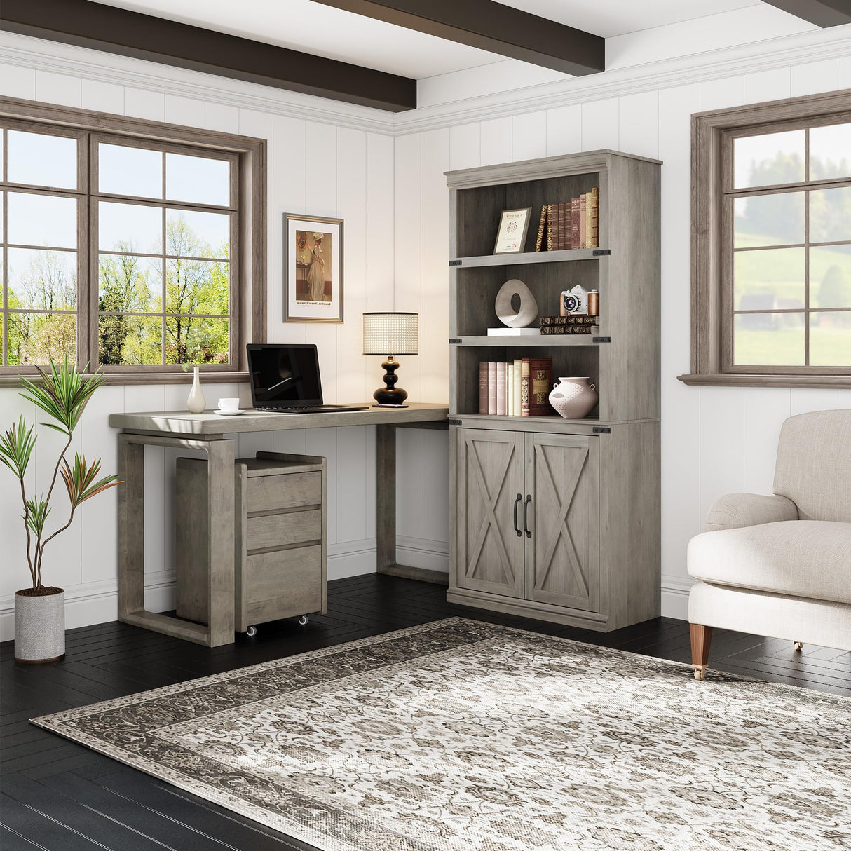 GarveeHome 5 Tier Book case with Cabinet, Farmhouse Book Shelf with Storage Doors, 68.7 in Tall Wooden 5 Shelf Case for Home Office, Living Room, Bed Room-(Grey, 68.7 in H x 31.5 in W x 12.9 in D) GarveeHome