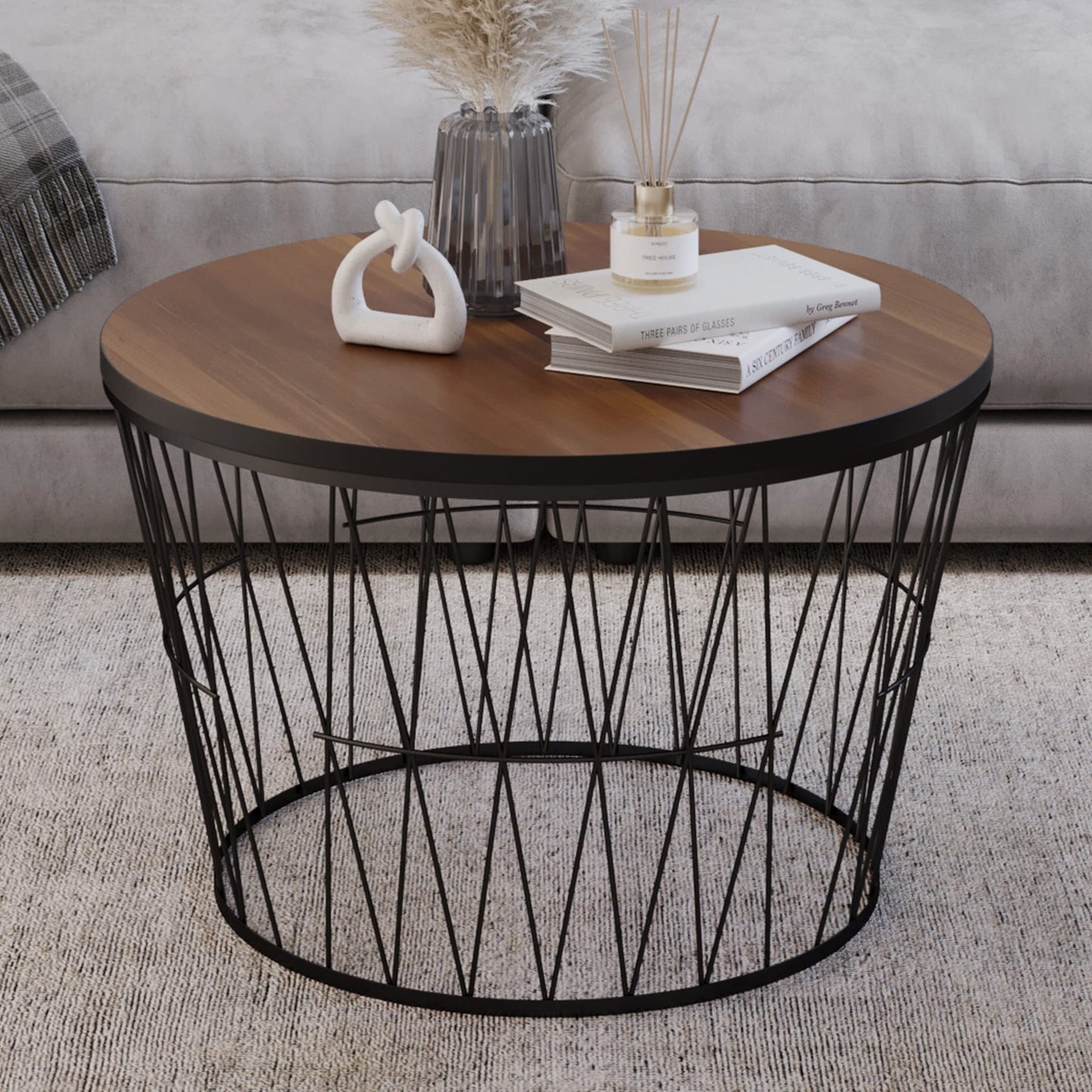 Lavish Home Mid-Century Round Coffee Table with Geometric Metal Base-Small Modern Accent for Living Room, 23.5", Brown Walnut & Black - WoodArtSupply