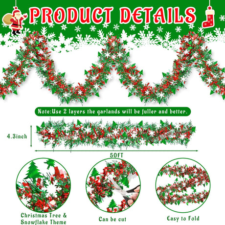 50 FT Christmas Decorations Tinsel Garland with Snowflake Christmas Tree, Red Green Silver Shiny Metallic Twist Christmas Garland for Home Tree Mantle Stairs Indoor Outdoor Holiday Xmas Party Decor Lairyan