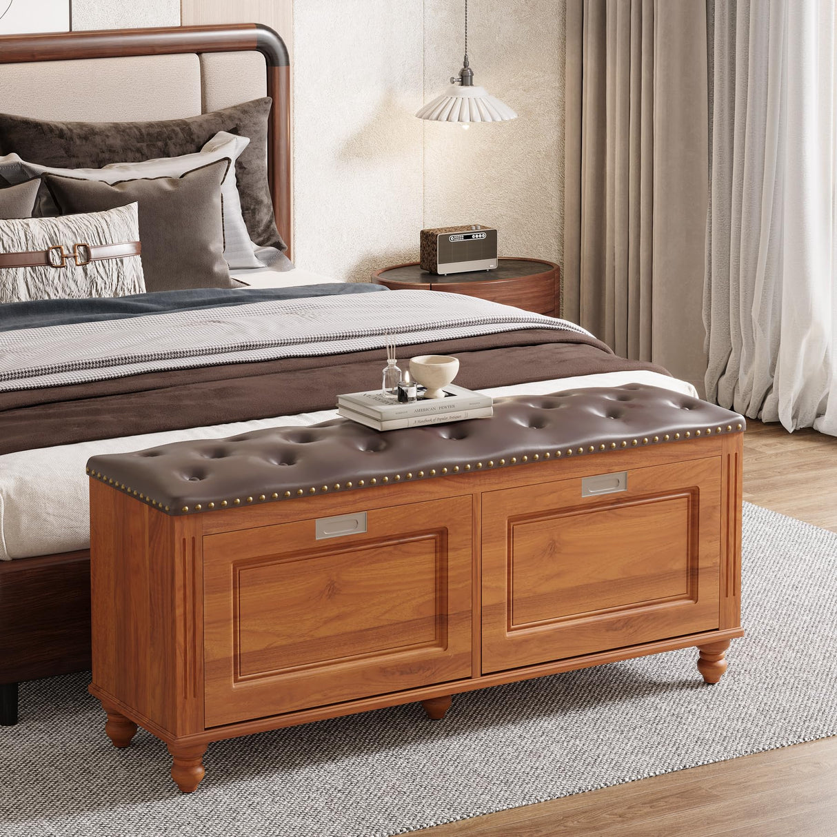 Tribesigns Shoe Storage Bench with 2 Flip Drawers, Entryway Shoe Bench with Tufted Leather Seating, Hallway Bench with Shoe Storage Cabinet, Hidden Shoe Organizer, Solid Wood Legs Tribesigns