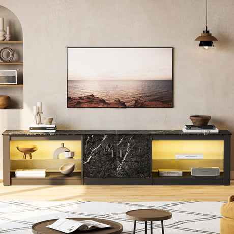 Bestier 80 Inch TV Stand for 75/85/86 inch TVs, LED Gaming Entertainment Center for PS5 with Storage Cabinet &Adjustable Glass Shelves, Modern TV Console Table for Living Room Bedroom, Black Marble Bestier