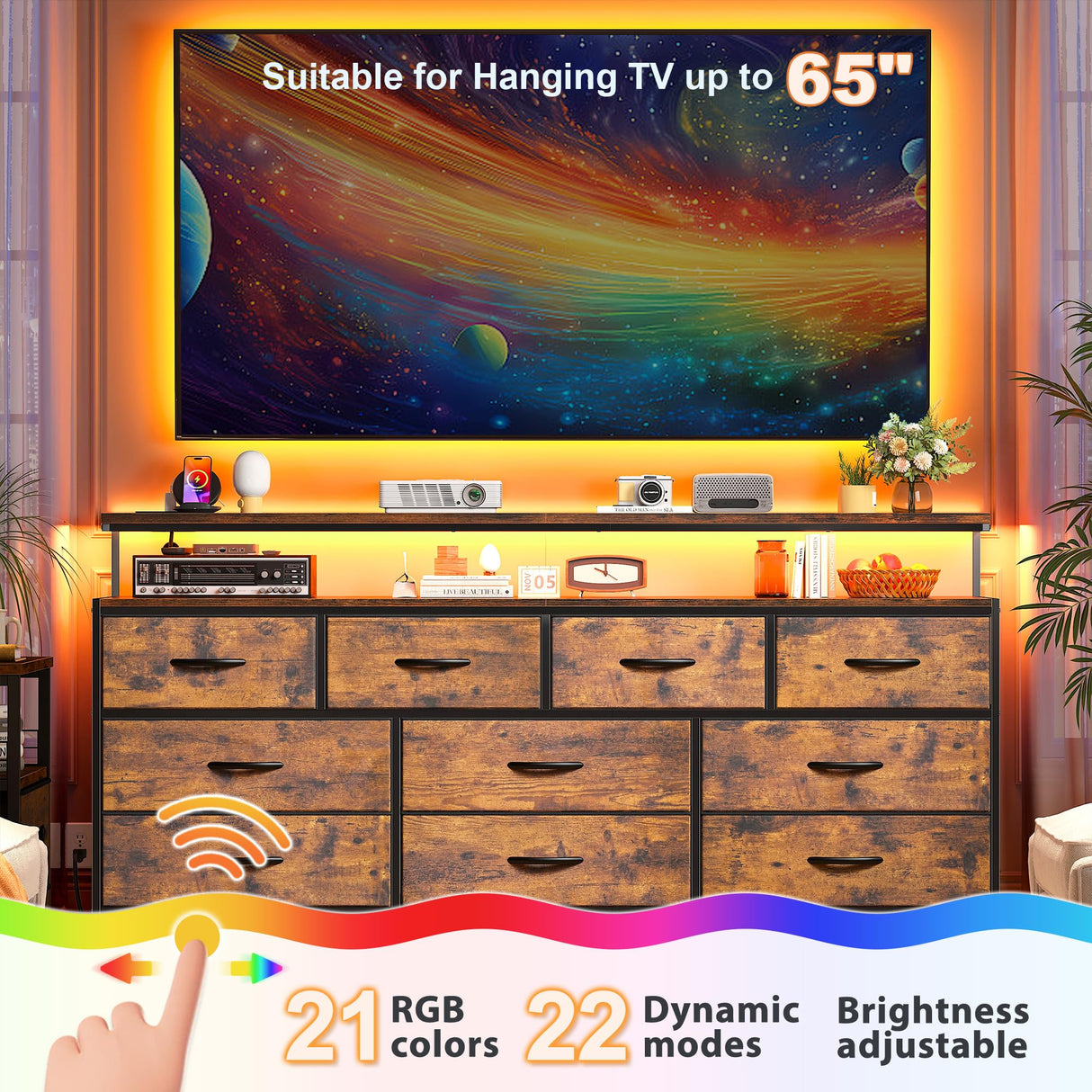 EnHomee 55" W Dresser for Bedroom with 10 Drawers Long Dresser with LED Lights & Power Outlets Wide Dressers & Chests of Drawers Large Dresser for Bedroom Dresser Metal Frame, Wood Top, Rustic Brown EnHomee