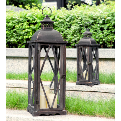 Perfnique Farmhouse Outdoor Lanterns for Patio, Set of 2 Rustic Lanterns Decor, Vintage Hanging Candle Holder Decorative for Porch, Garden, Yard, Indoor (No Glass, Dark Brown)
