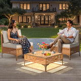 DWVO Patio Furniture Set 3 Pieces Outdoor Sectional Sofa with Solar Light Table & Waterproof Cushions Outdoor Couch All-Weather Rattan Patio Conversation Set for Balcony Garden Porch DWVO