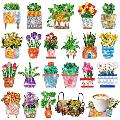Honeydak 20 Pcs Spring Diamond Painting Coasters Flower Diamond Art Coasters with Holder Wooden Spring Potted Plants Diamond Coasters 5D Diamond Art Kits for Adults DIY Crafts Beginner Gifts Supplies Honeydak