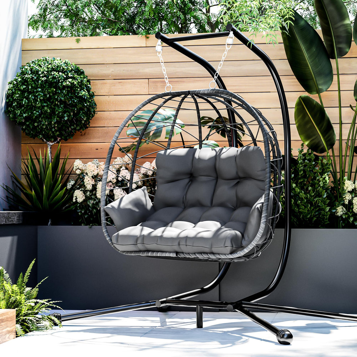 Pamapic 700 LBS Double Egg Chair Outdoor, UV Resistant Cushions Hanging Egg Chair with Armrests & Headrest, Thick Steel Frame Egg Swing Chair with Stand, for Relaxing & Reading Outside/Inside(Grey) Pamapic