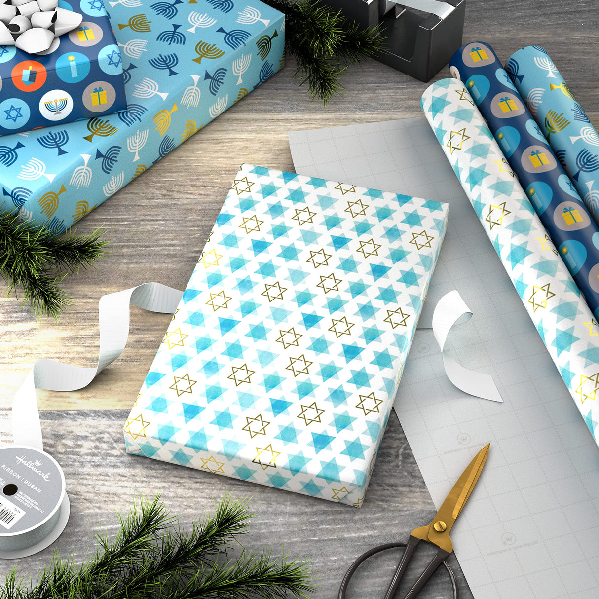 Hallmark Tree of Life Hanukkah Wrapping Paper with Cutlines on Reverse (3 Rolls: 120 Sq. Ft. Total) Blue and Gold Star of David, Menorahs, Candles, Dreidels Hallmark