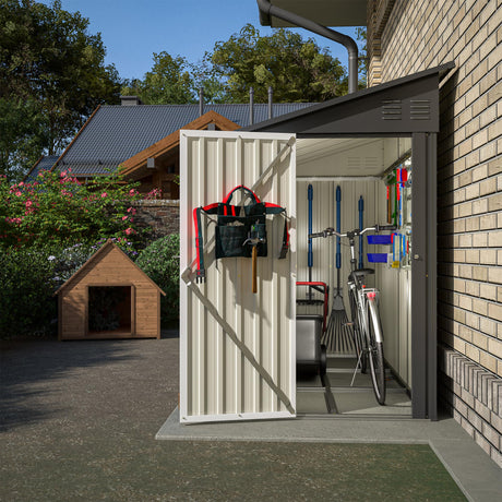 YOPTO 4×8 FT Lean to Metal Shed,Outdoor Heavy-Duty Storage Shed with Floor Base,All Weather Waterproof Garden Tool House W/Lockable Door&2 Air Vent,Reversible Door Design,for Backyard,Patio,Lawn,Black YOPTO