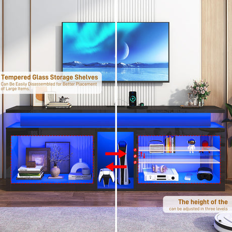 71" LED TV Stand with Power Outlet,60-Colors LED Lights for 65 70 80 in TV,High Gloss Gaming Entertainment Center w/Adjustable Shelves,Black TV Console with Modern Design for Living Room Bedroom Hlivelood